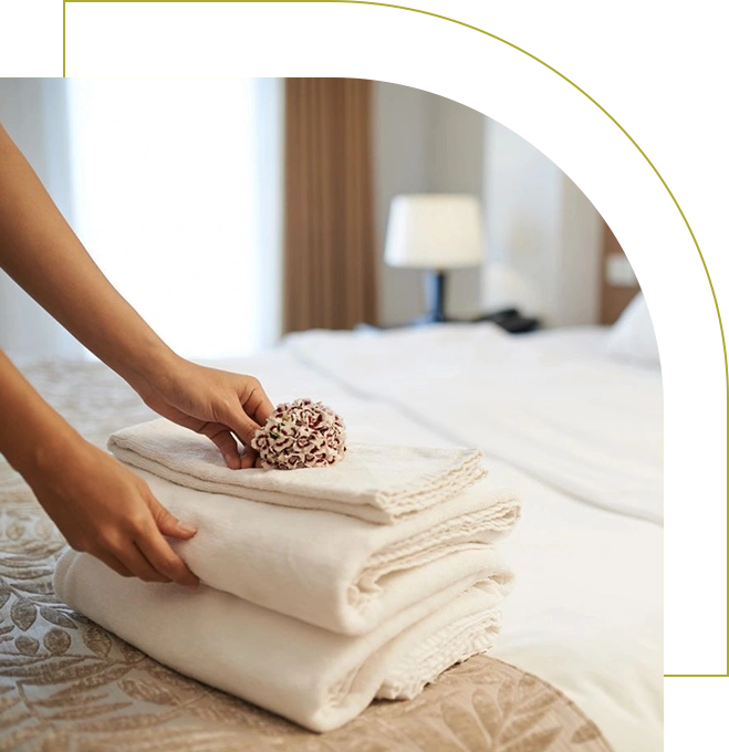 A person is folding towels on top of the bed.